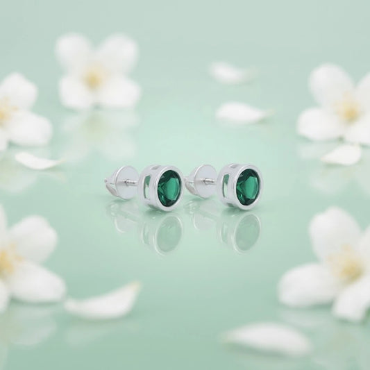 Round Green Stone Silver Earrings