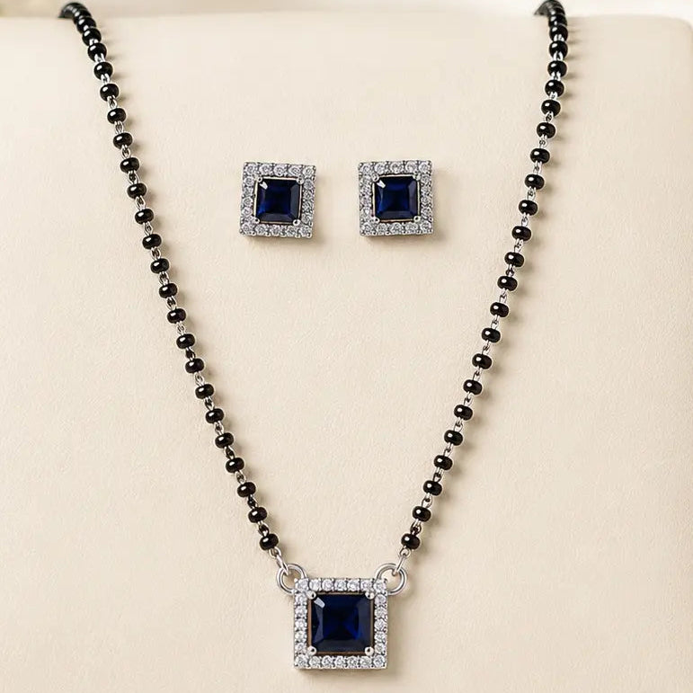 Royal Blue Square Stone Mangalsutra Set with Matching Earrings