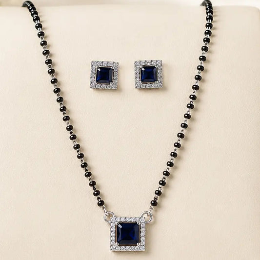 Royal Blue Square Stone Mangalsutra Set with Matching Earrings