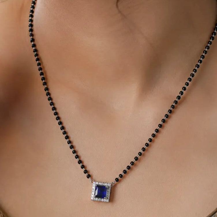 Royal Blue Square Stone Mangalsutra Set with Matching Earrings