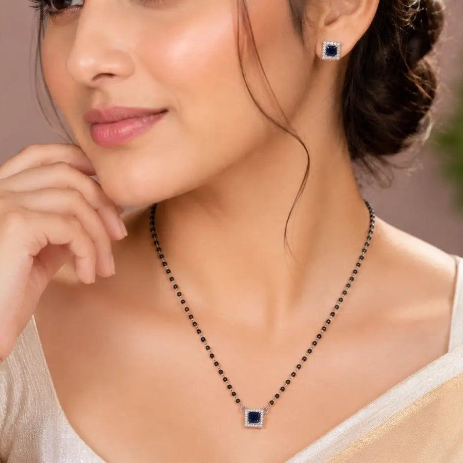 Royal Blue Square Stone Mangalsutra Set with Matching Earrings