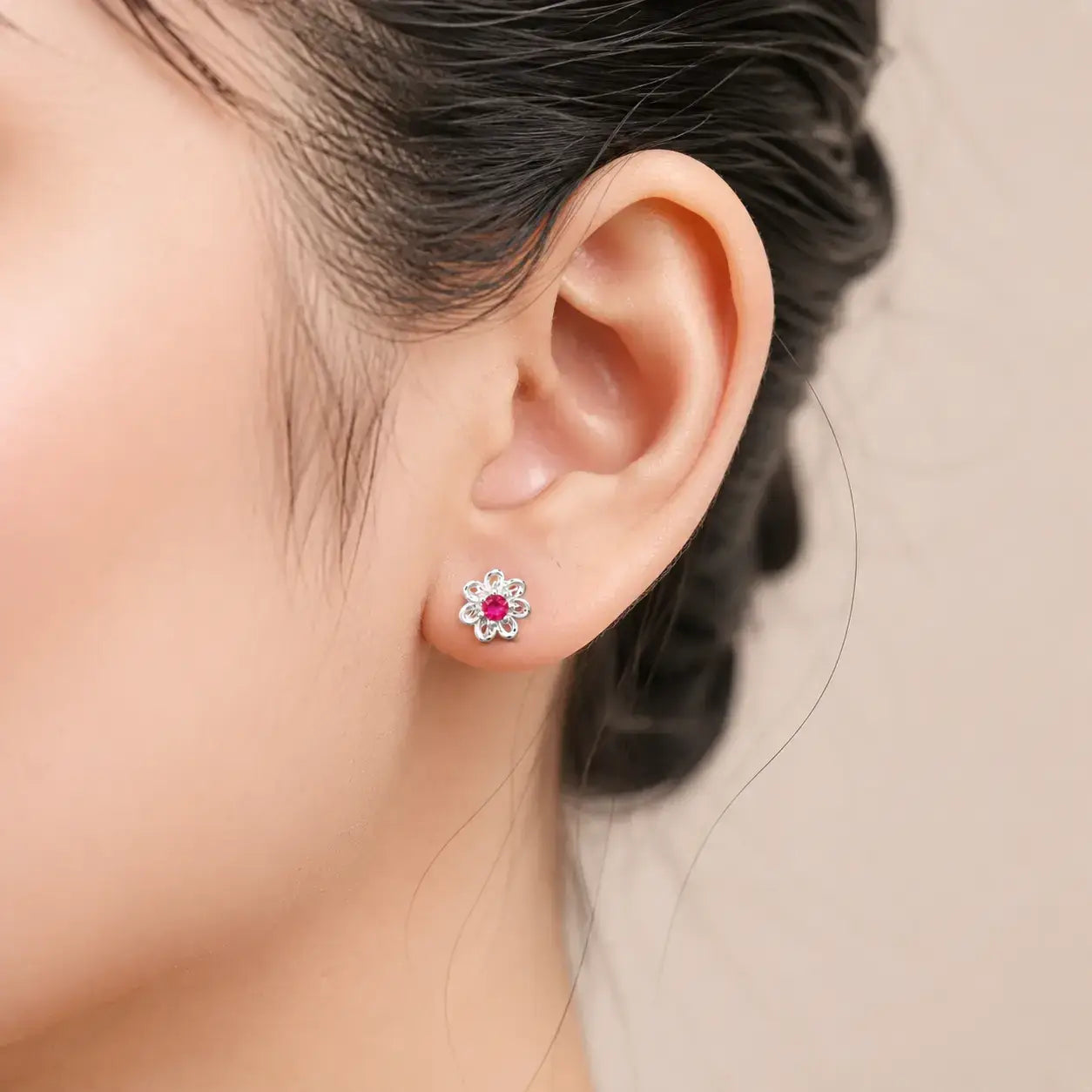 Ruby Red Flower Stud Earrings for Women