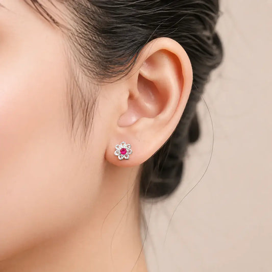 Ruby Red Flower Stud Earrings for Women