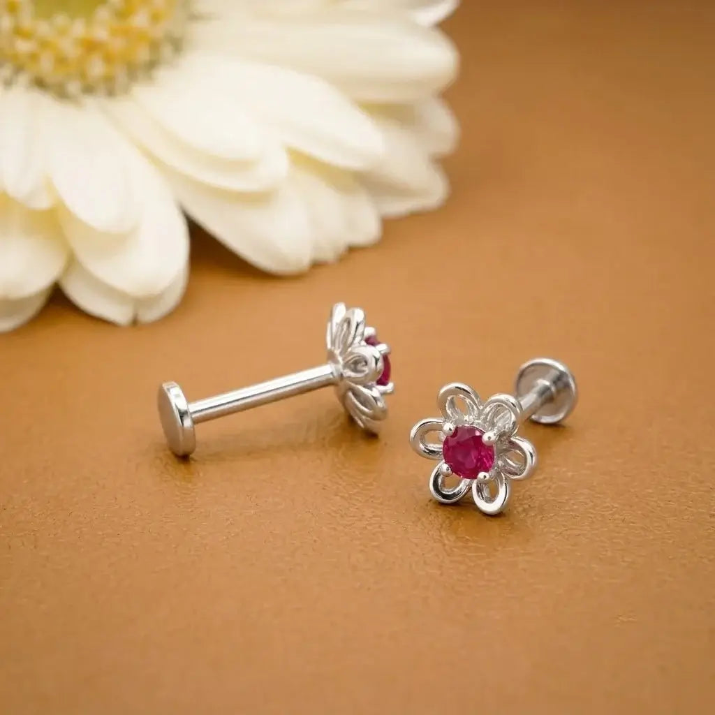 Ruby Red Flower Stud Earrings for Women
