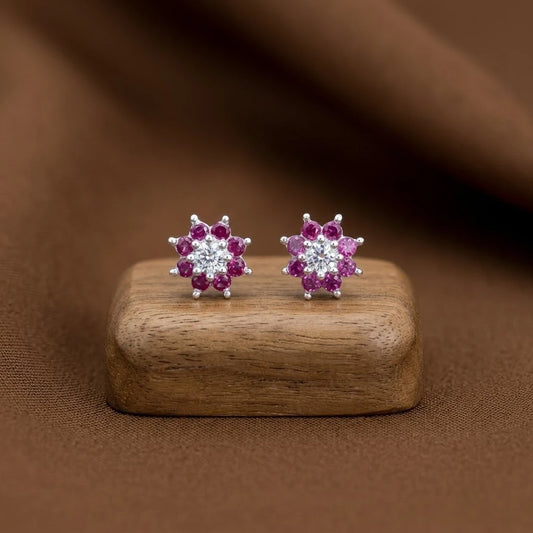 Ruby Flower Silver Earring