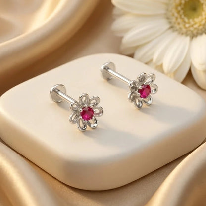 Ruby Red Flower Stud Earrings for Women