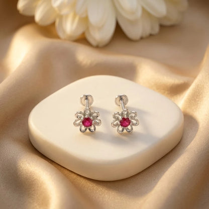 Ruby Red Flower Stud Earrings for Women