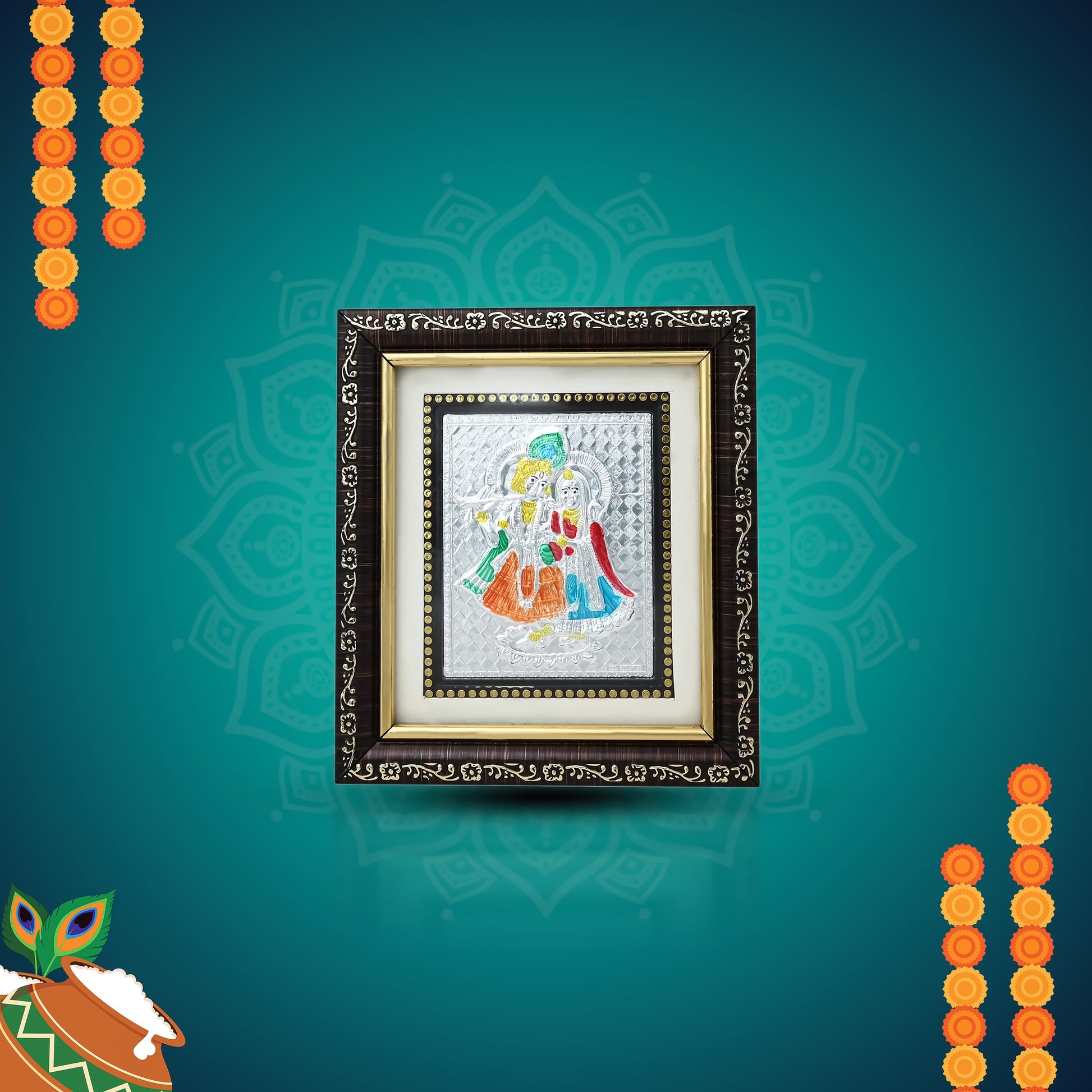 This silver picture frame features a stunning depiction of the selfless love shared between Radha and Krishna. Crafted with intricate detail, it serves as a beautiful reminder of devotion and companionship. 