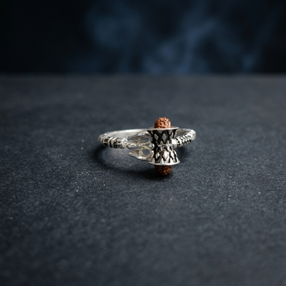 Shiv Silver Damru Ring with Rudraksha Bead