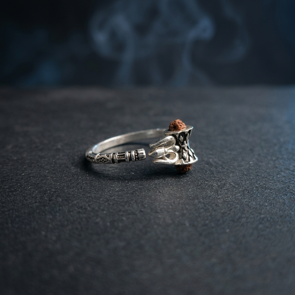 Shiv Silver Damru Ring with Rudraksha Bead