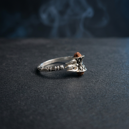 Shiv Silver Damru Ring with Rudraksha Bead