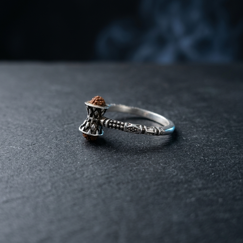 Shiv Silver Damru Ring with Rudraksha Bead