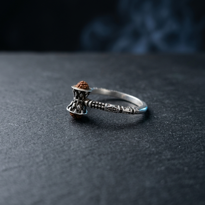 Shiv Silver Damru Ring with Rudraksha Bead