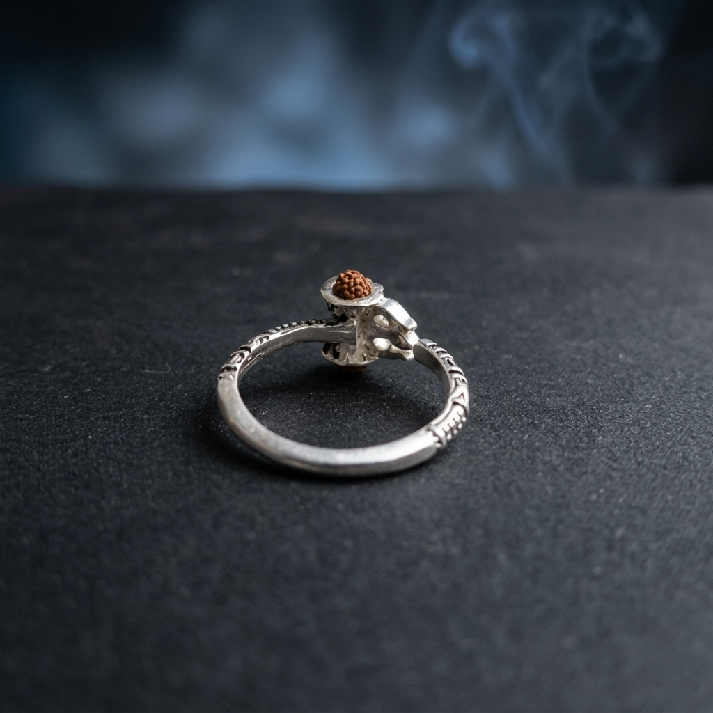 Shiv Silver Damru Ring with Rudraksha Bead