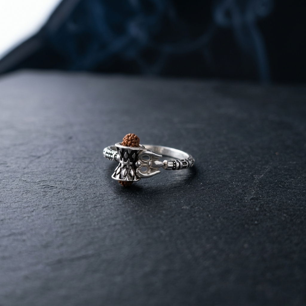 Shiv Silver Damru Ring with Rudraksha Bead