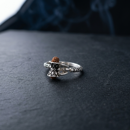 Shiv Silver Damru Ring with Rudraksha Bead