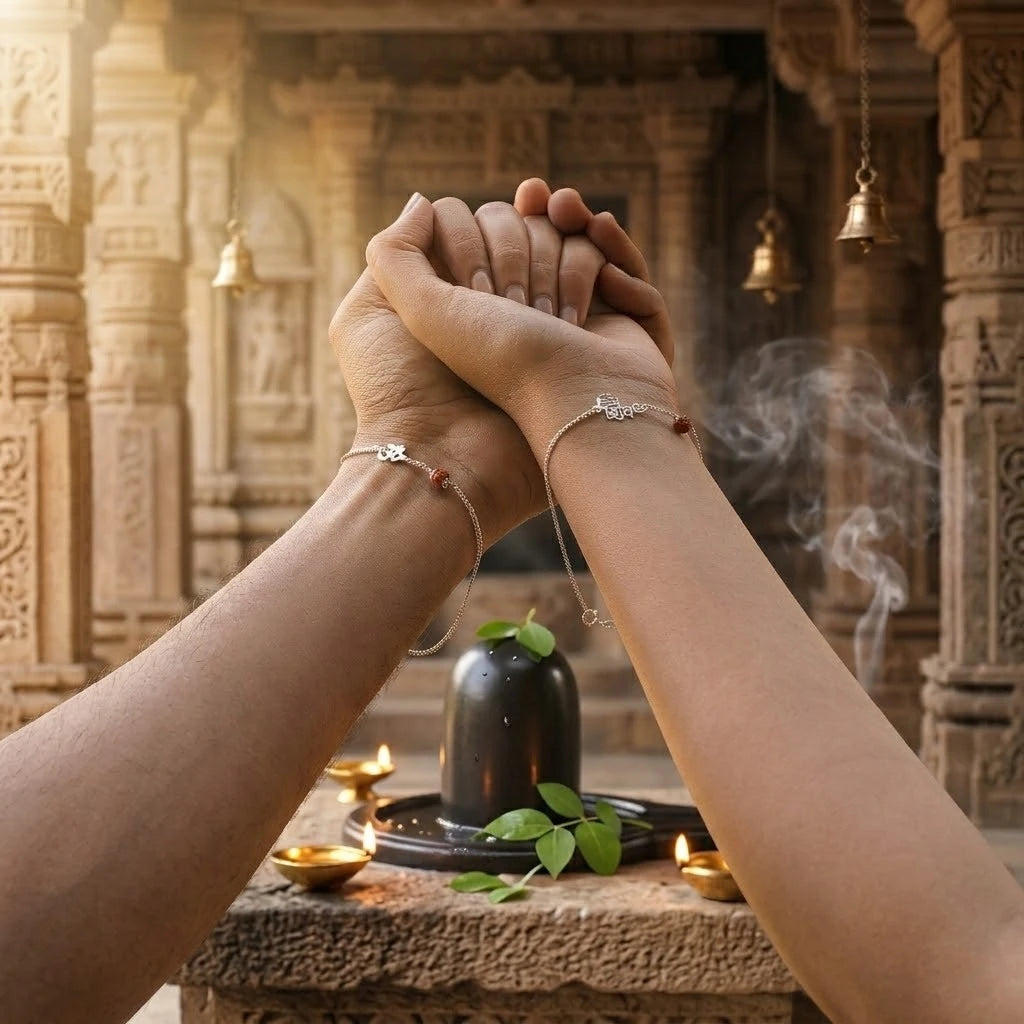 Shiv & Om Couple Silver Bracelets Adjustable Spiritual Band Set