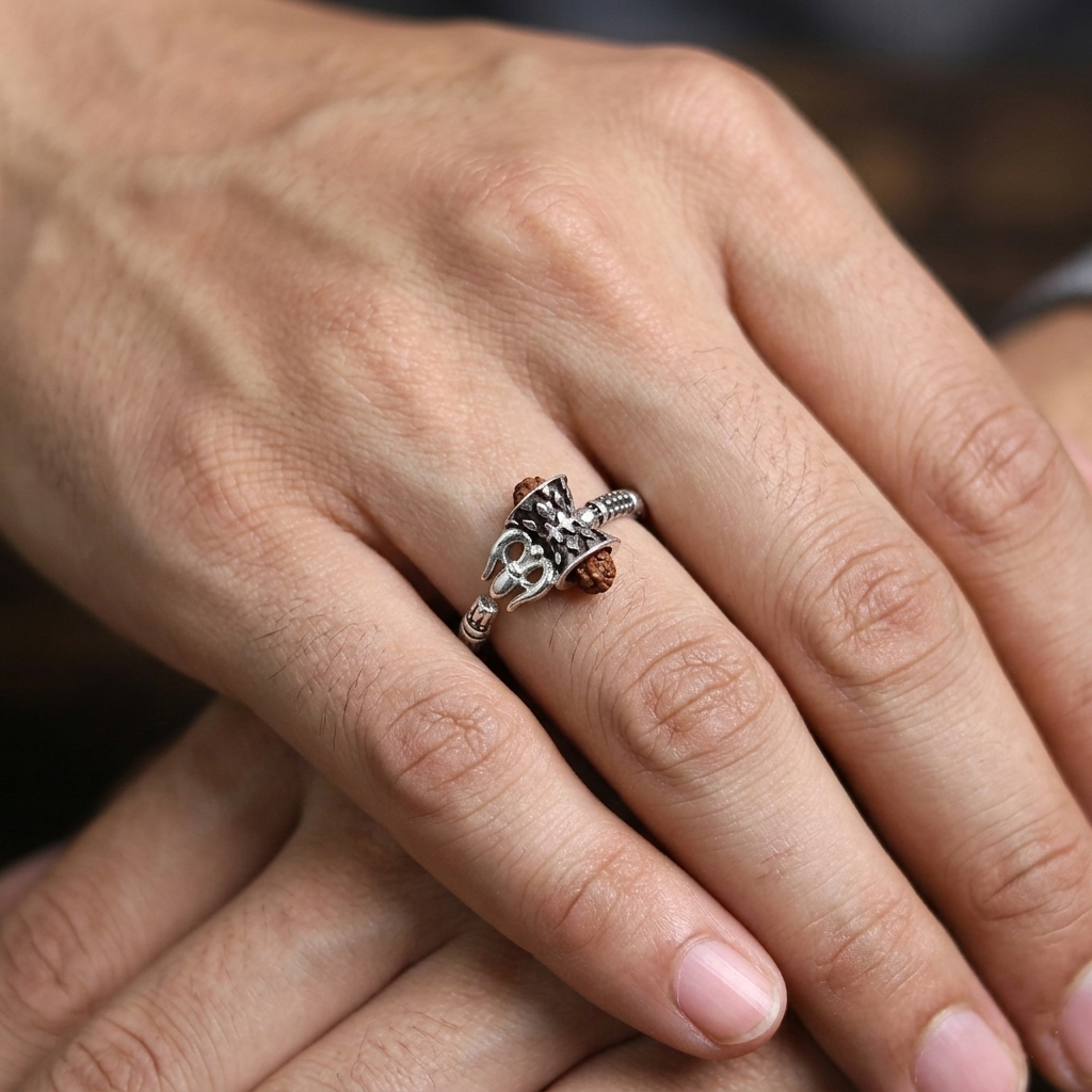 Shiv Silver Damru Ring with Rudraksha Bead