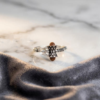 Shiv Silver Damru Ring with Rudraksha Bead