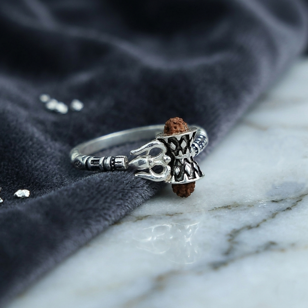 Shiv Silver Damru Ring with Rudraksha Bead
