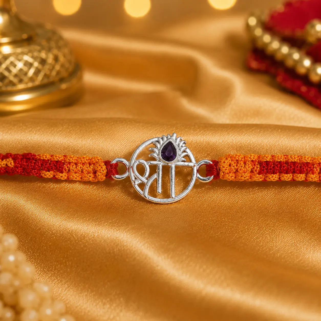 Shree silver rakhi with purple stone and red orange thread on golden satin background