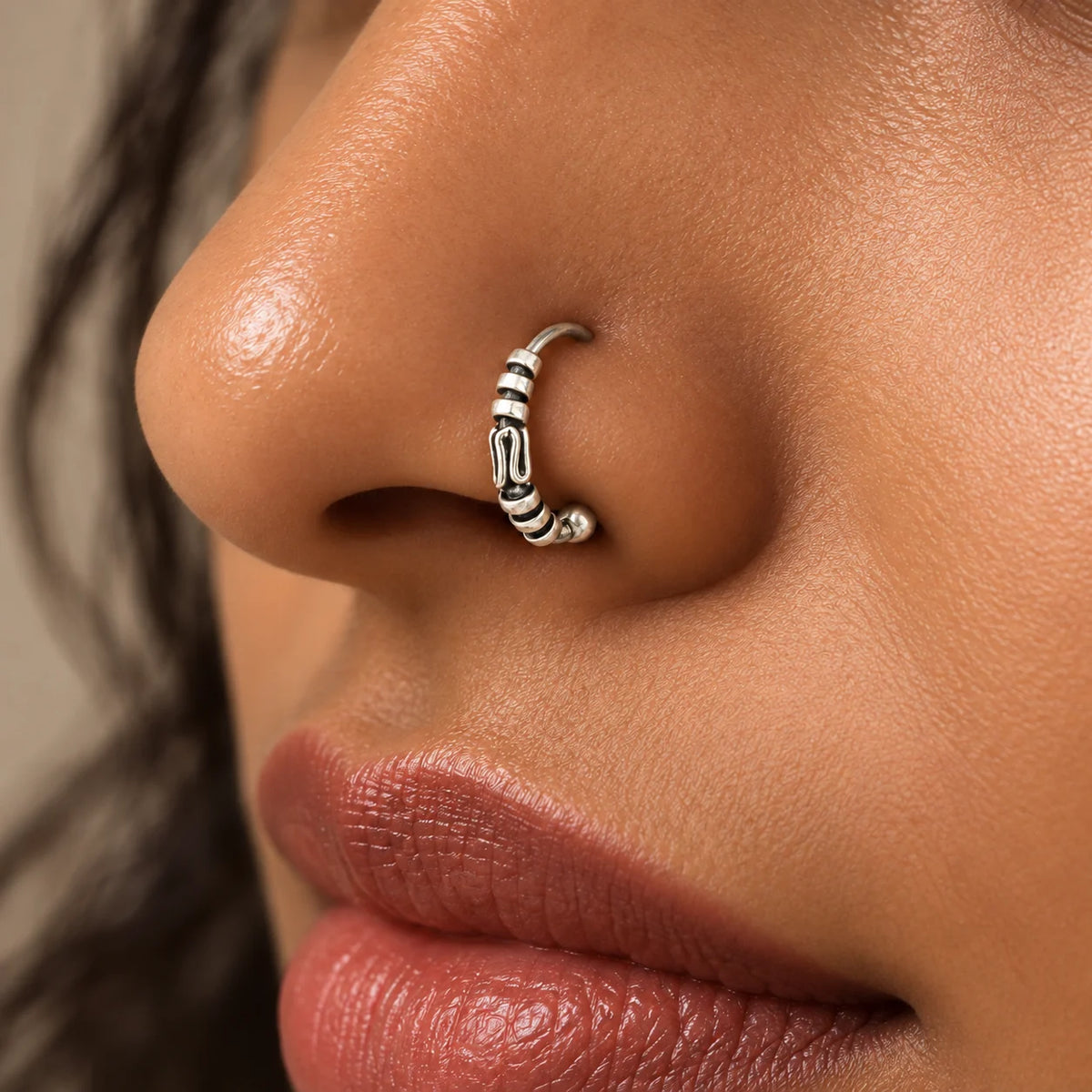 Silver-Tone Hoop Nose Ring with Beaded & Segmented Design