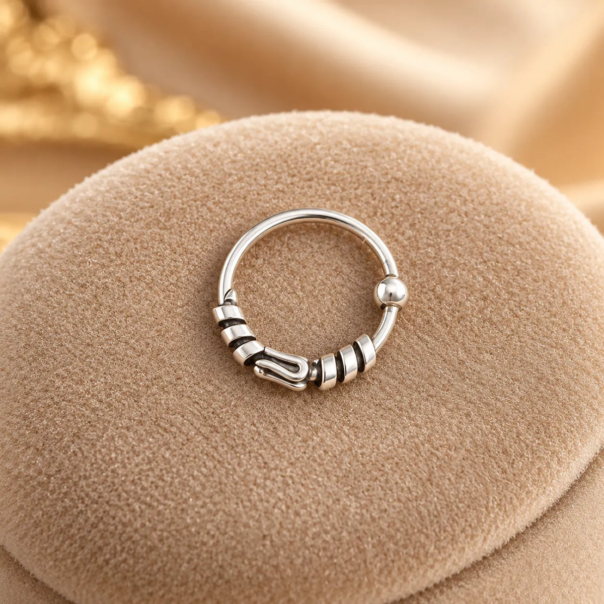 Silver-Tone Hoop Nose Ring with Beaded & Segmented Design