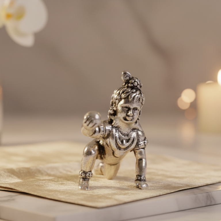 Silver Bal Krishna Idol Elegant Krishna Statue for Puja & Gifting