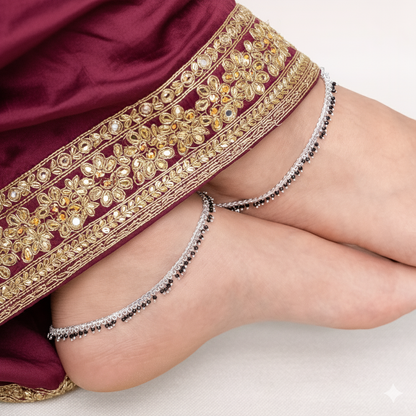 Silver Black Beaded Payal Minimal Traditional Anklet for Daily Wear