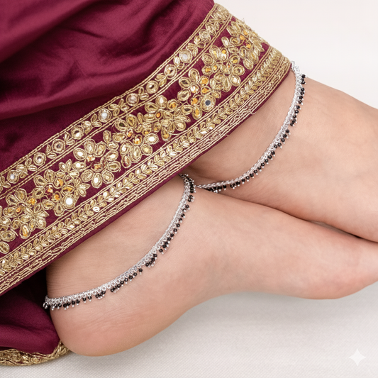Silver Black Beaded Payal Minimal Traditional Anklet for Daily Wear