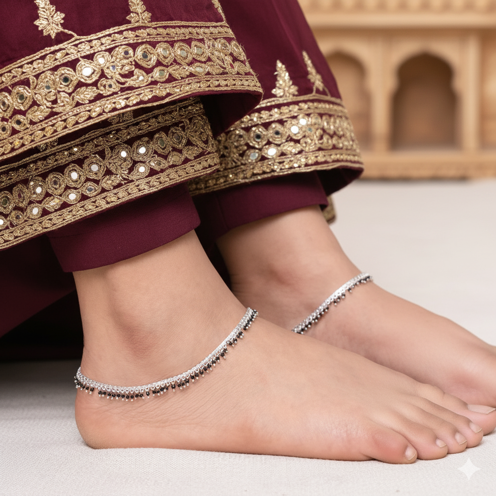 Silver Black Beaded Payal Minimal Traditional Anklet for Daily Wear