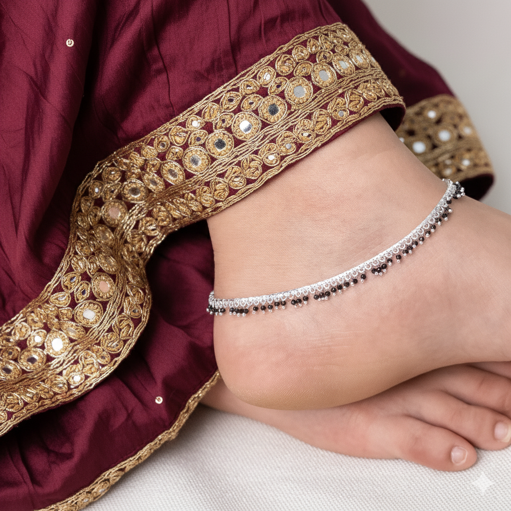 Silver Black Beaded Payal Minimal Traditional Anklet for Daily Wear