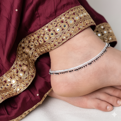 Silver Black Beaded Payal Minimal Traditional Anklet for Daily Wear