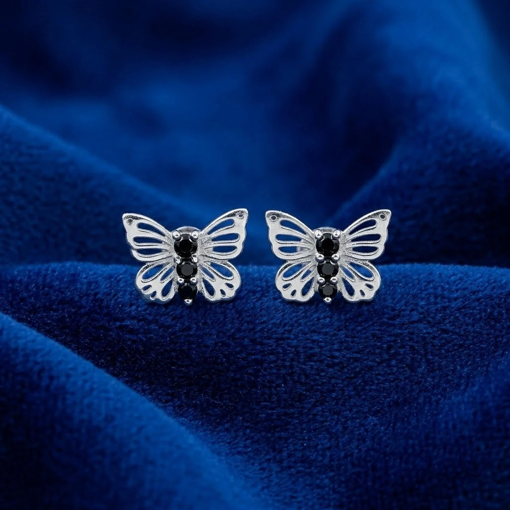Silver Butterfly Black Stone Stud Earrings