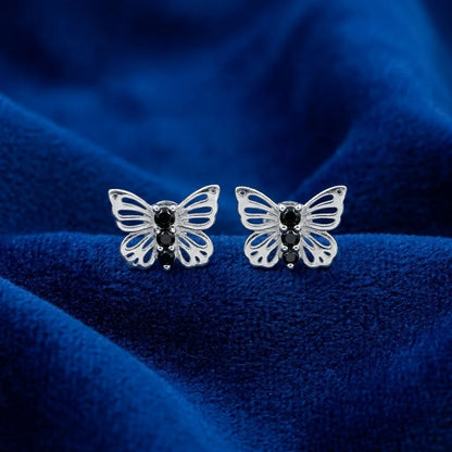 Silver Butterfly Black Stone Stud Earrings