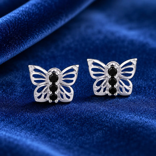 Silver Butterfly Black Stone Stud Earrings