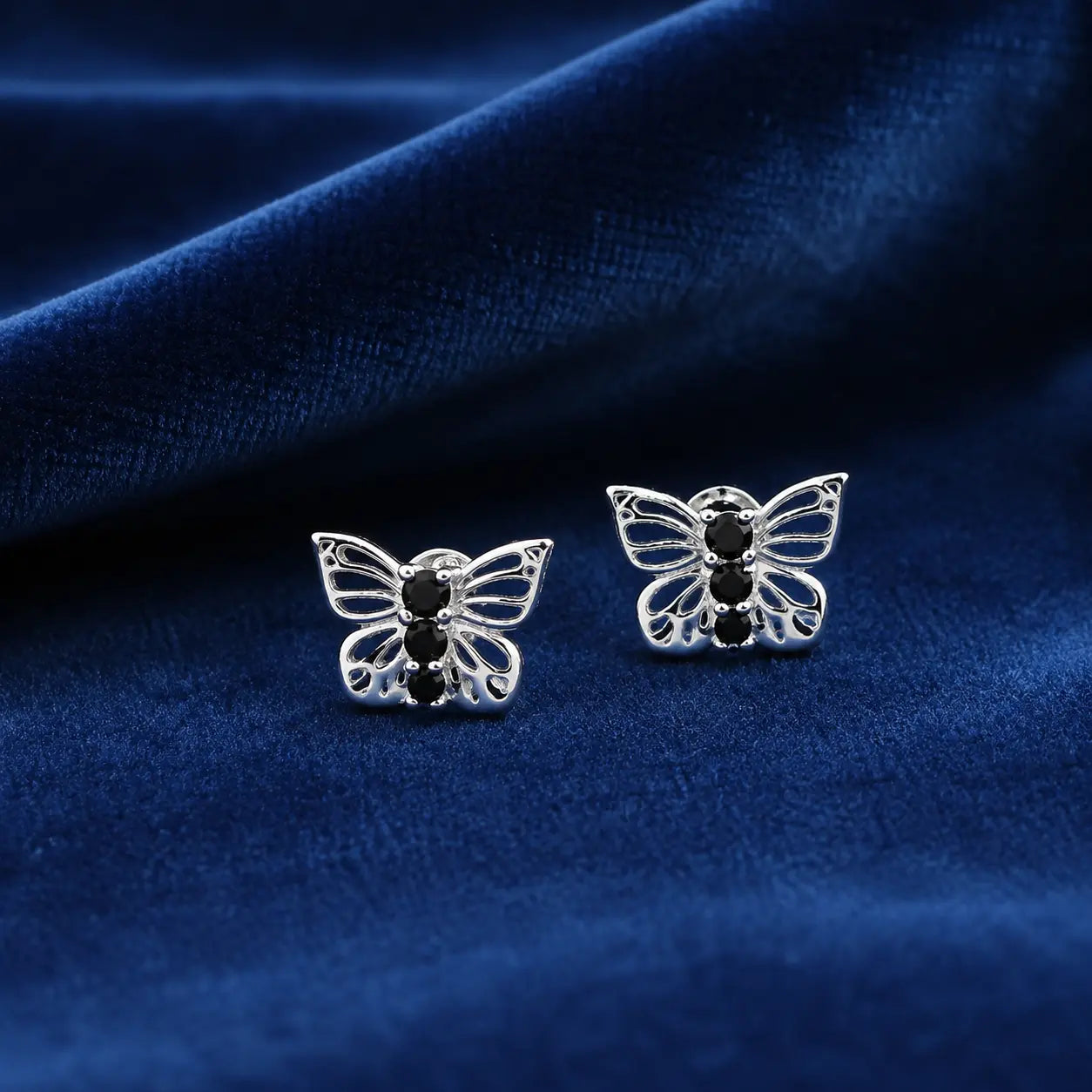 Silver Butterfly Black Stone Stud Earrings