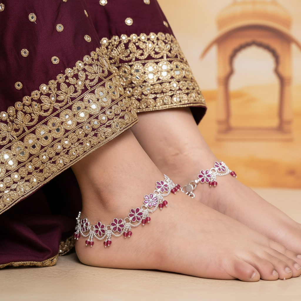 Silver Floral Ruby Payal Elegant Flower Design Anklet with Pink Stones
