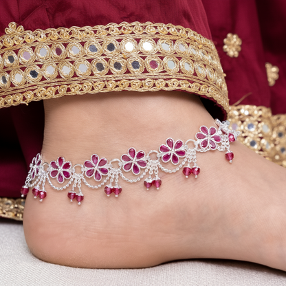 Silver Floral Ruby Payal Elegant Flower Design Anklet with Pink Stones