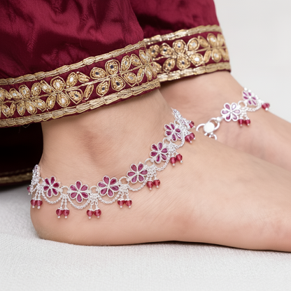 Silver Floral Ruby Payal Elegant Flower Design Anklet with Pink Stones