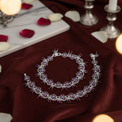 Silver Floral Ruby Payal Elegant Flower Design Anklet with Pink Stones