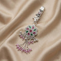 Silver Floral Saree Latkan with Pink Crystal for Women