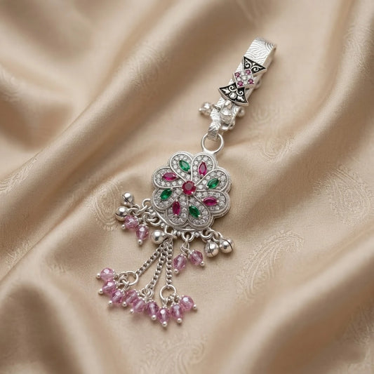 Silver Floral Saree Latkan with Pink Crystal for Women