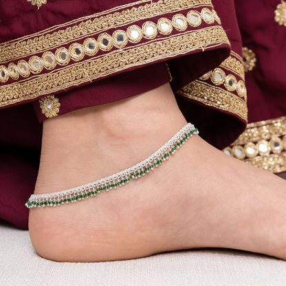 Silver Green Beaded Payal Minimal Traditional Anklet for Everyday Wear