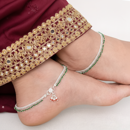 Silver Green Beaded Payal Minimal Traditional Anklet for Everyday Wear