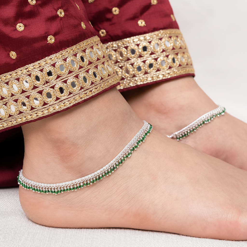 Silver Green Beaded Payal Minimal Traditional Anklet for Everyday Wear