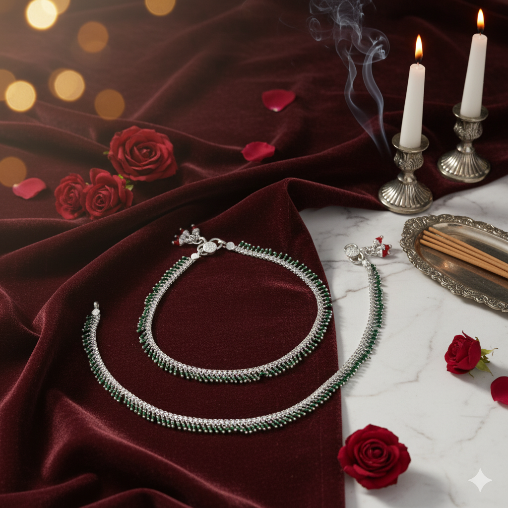 Silver Green Beaded Payal Minimal Traditional Anklet for Everyday Wear