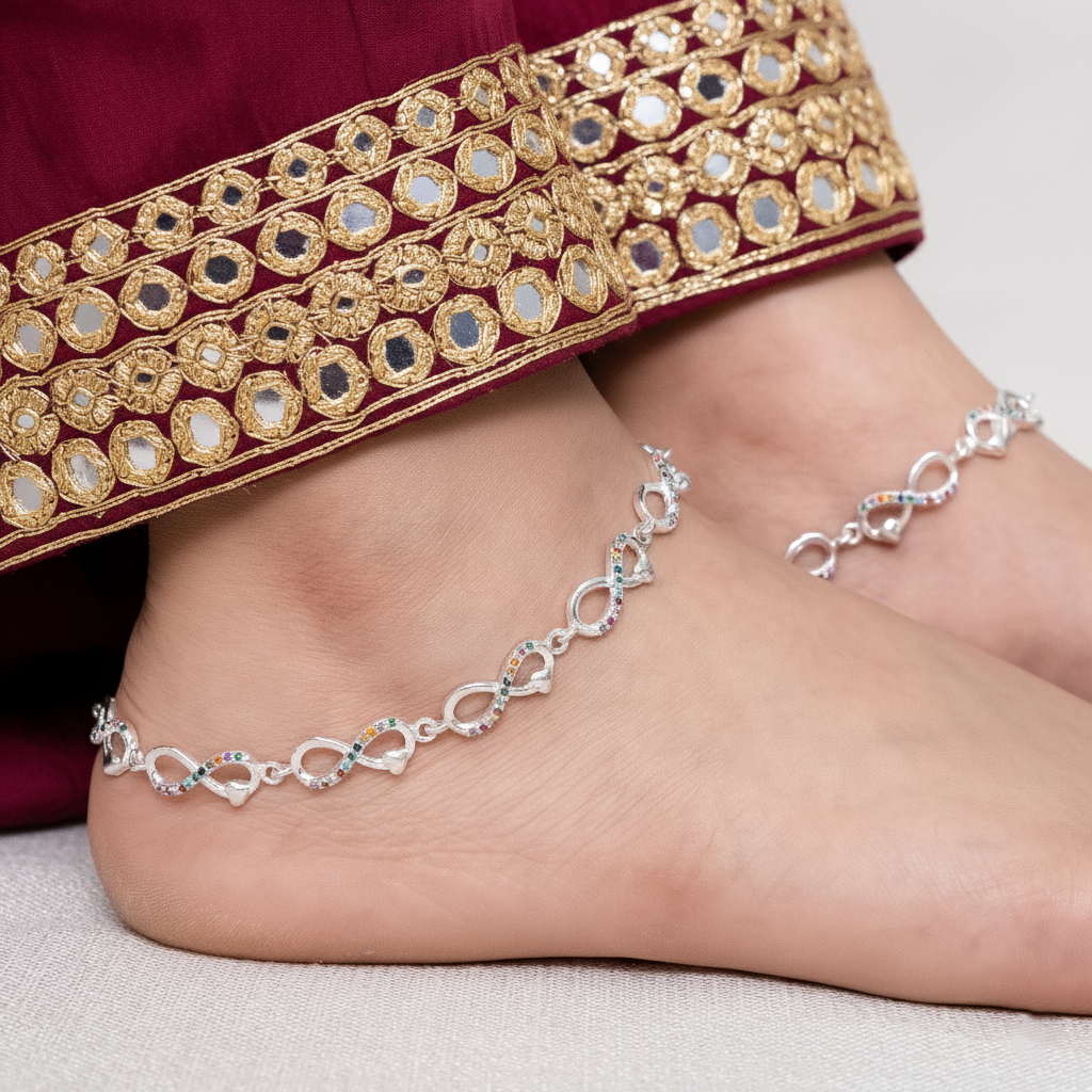 Silver Infinity Rainbow Payal Colorful Stone Anklet for Women