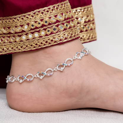 Silver Infinity Rainbow Payal Colorful Stone Anklet for Women