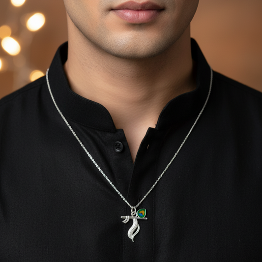 Silver Krishna Flute Pendant with Morpankh Design